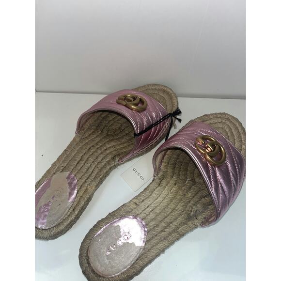 Gucci Pink Metallic Leather Espadrille Slides  Size 38 - Picture 1 of 3